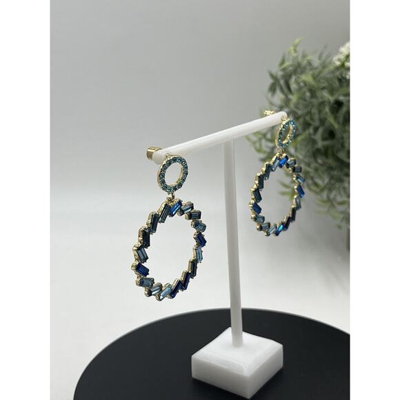 Lulus Blue Without You Blue Hues Rhinestone Statement Earrings Signed Disc Back - Picture 9 of 14